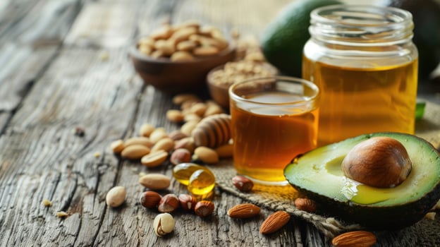 Avocado oil and assorted nuts still life on rustic wood table photo
