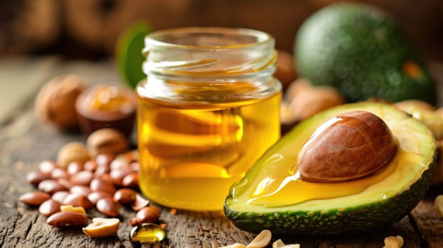 Avocado halves with nuts and natural oil on rustic wood photo