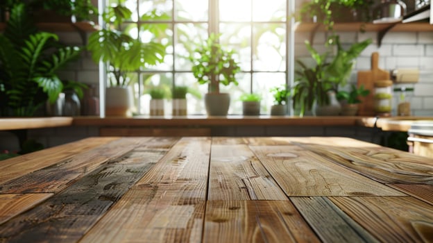 Rustic wood tabletop with green plants and natural light background for product mockups photo