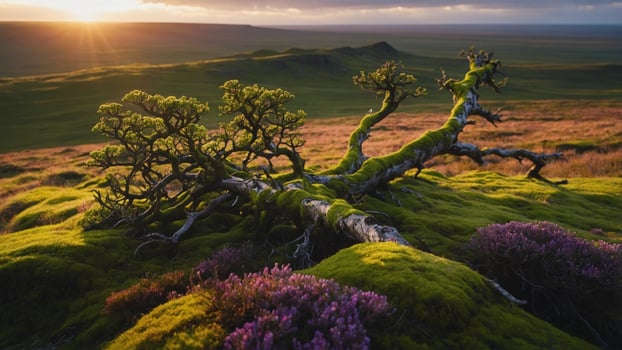 Moss-covered tree branch in vibrant landscape during sunset, showcasing nature's beauty and tranquility photo