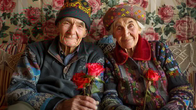 Senior couple smile with roses celebrating togetherness and enduring love photo