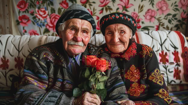 Elderly couple togetherness and love portrait on sofa with floral design photo