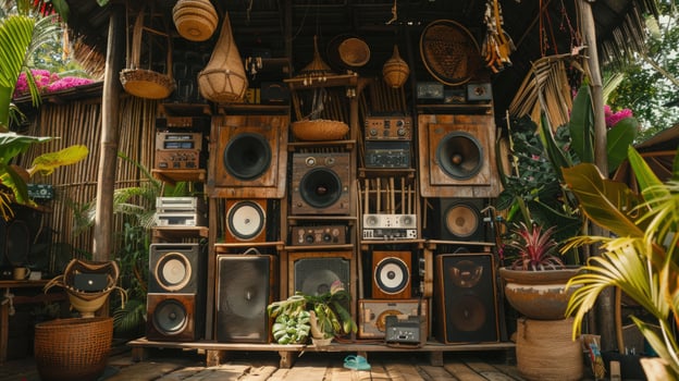 Vintage audio equipment stacked in rustic environment photo