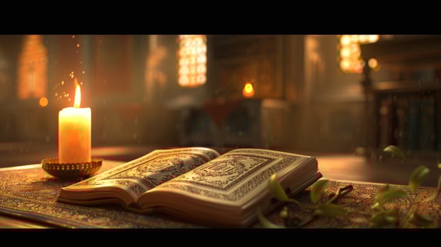 Open book by candlelight warm indoor lighting still life photo