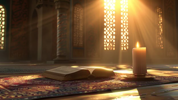 Open book and candle in golden light indoor cultural exploration photo