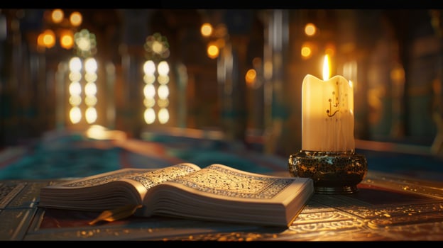 Open book and candle with warm light photo