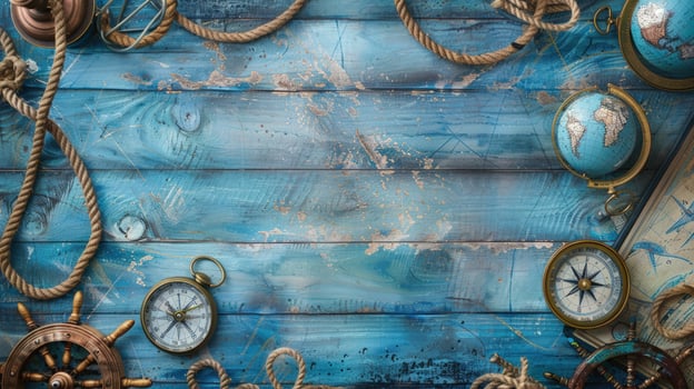 Nautical navigation theme with rope compass globe and wooden texture photo