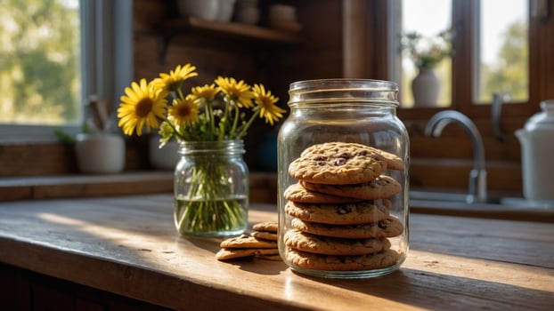 Delicious homemade cookies stacked in a jar on a rustic kitchen counter with flowers in sunlight photo