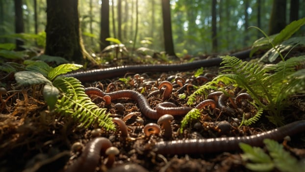 Close-up view of numerous earthworms crawling through rich soil in a lush forest setting, surrounded by ferns photo