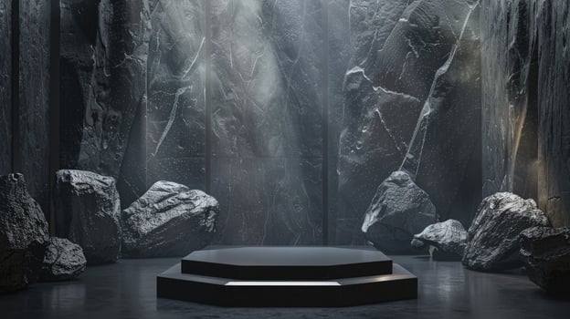 Abstract cave backdrop with podium and stone textures for product display photo