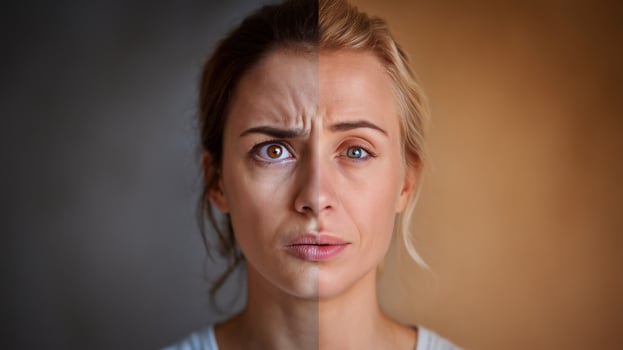 A young woman with white skin showcases contrasting expressions, highlighting emotional complexity. photo