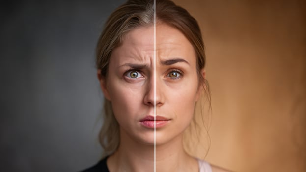 A young Caucasian woman with contrasting facial expressions and colors, showcasing emotions in a split image. photo