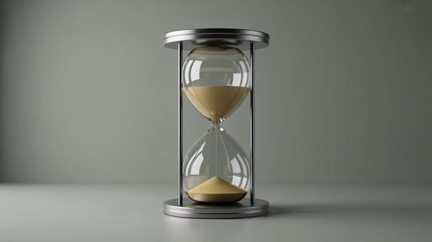 A sleek hourglass with golden sand, resting on a minimalist surface, symbolizing the passage of time. photo