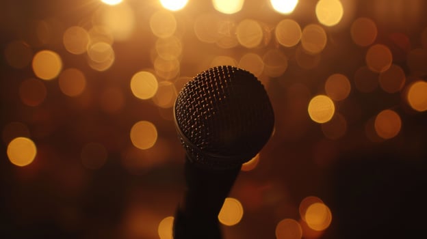 Microphone spotlight stage audio equipment sound and vocal performance photo