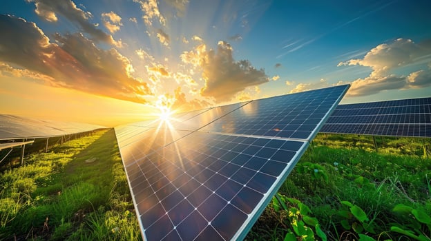 Solar panel energy farm at sunset under cloudy sky renewable sustainable power generation photo