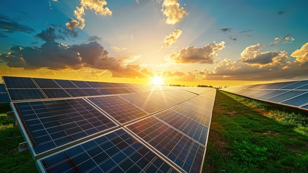 Solar panels at golden hour for sustainable energy production photo