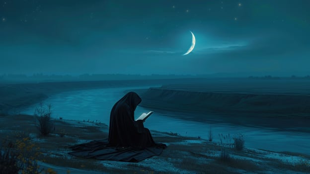 Person reading outdoors under moonlight night landscape photo