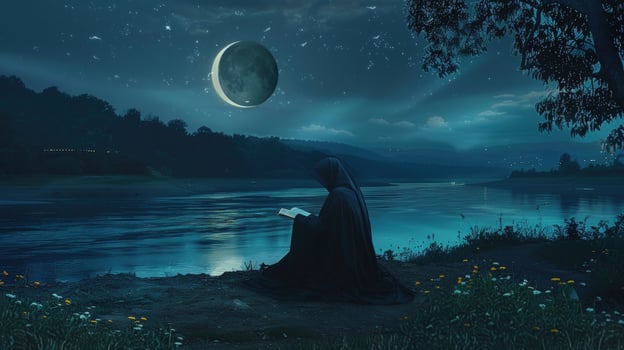 Nighttime reading by river under moonlight landscape photo