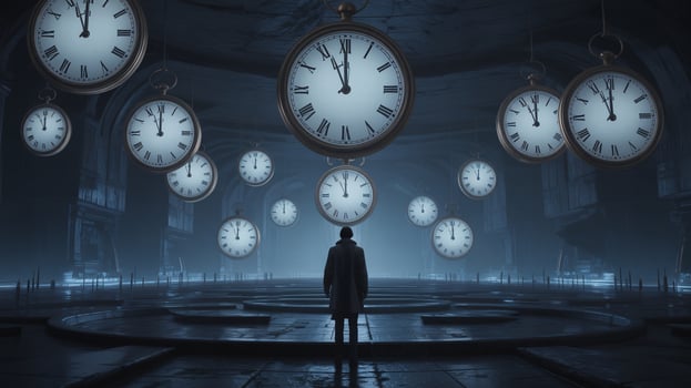 A lone figure stands amidst a surreal landscape of floating clocks, creating a dreamlike atmosphere. photo