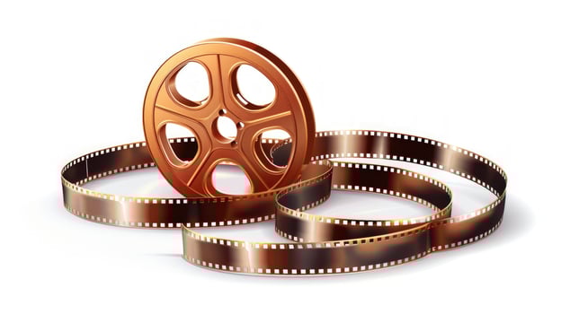 Film reel and filmstrip on white background for cinema industry photo