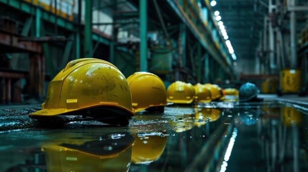 Safety hardhats on industrial site reflecting in puddles of water photo