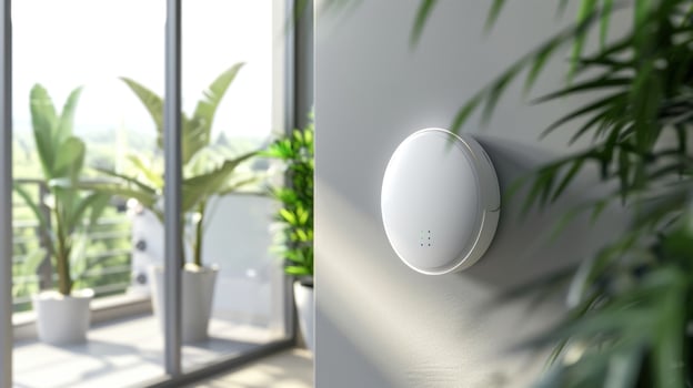 White smart home device mounted on wall with plants modern interior photo
