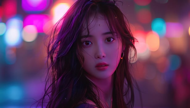 Portrait of a young woman with dark hair in vibrant urban lighting photo