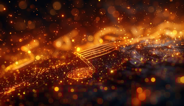 Abstract musical note shimmering with particle lights on dark backdrop photo