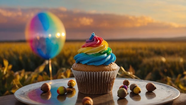 Colorful rainbow cupcake on a plate in a vibrant field at sunset with a balloon in the background photo