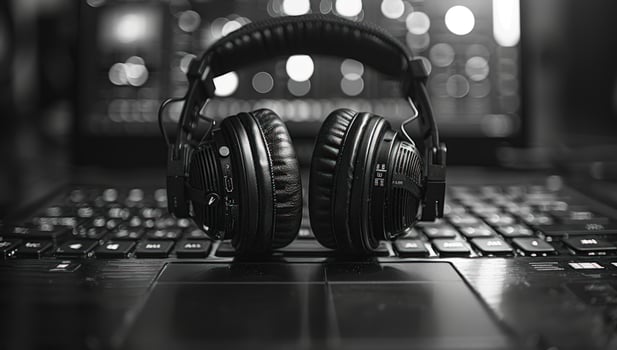 Headphone set on computer keyboard for tech and audio use photo