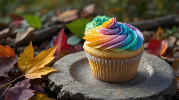 Colorful rainbow cupcake resting on a stone in a vibrant autumn setting with fallen leaves photo