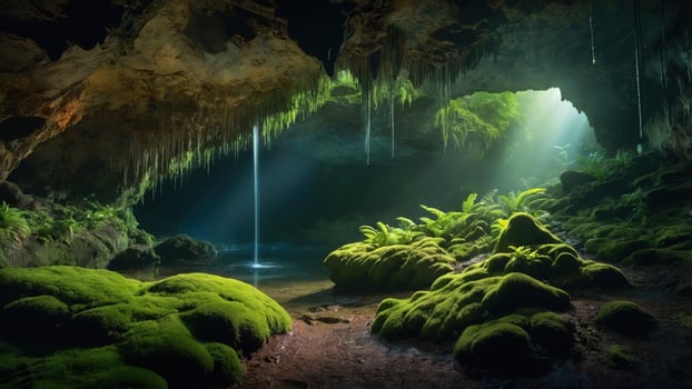 Enchanting underground cave with lush green moss, shimmering water, and sunlight filtering through photo