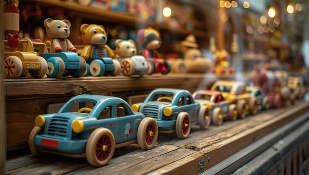 Nostalgic wooden toys collection classic car models and bear figurines photo
