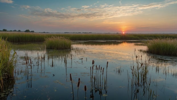 Serene Sunset Over Marshlands with Reflections and Lush Reeds in a Tranquil Natural Setting photo