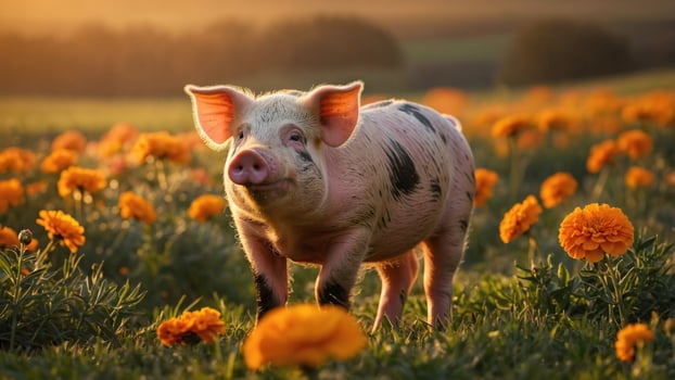 Playful piglet wandering through a vibrant field of marigold flowers during sunset photo