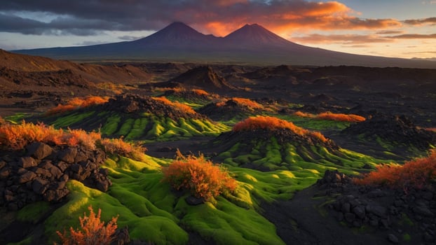 Majestic volcanic landscape at sunset with vibrant moss-covered terrain and distant mountains photo