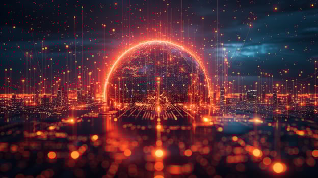 Futuristic cityscape with global digital network sphere photo
