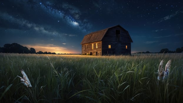 Rustic barn illuminated at dusk, surrounded by tall grass under a starry night sky photo