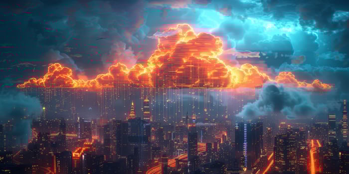 Dramatic cityscape under glowing clouds at night aerial view photo