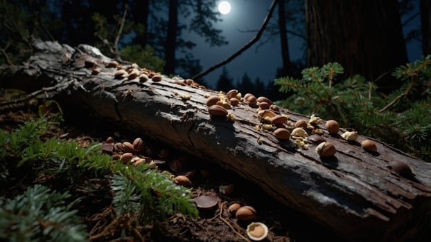 Moonlit forest scene featuring a log scattered with nuts, surrounded by greenery under a starry sky photo