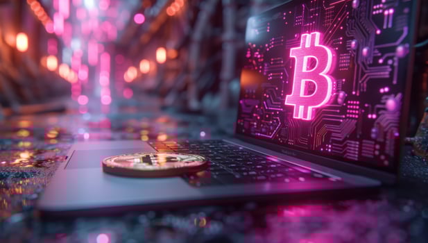 Digital currency concept laptop with glowing symbol over circuit board backdrop photo