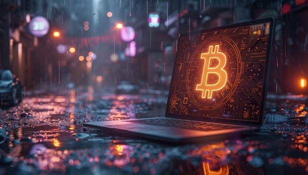 Laptop displaying digital currency on wet street in rainy city photo