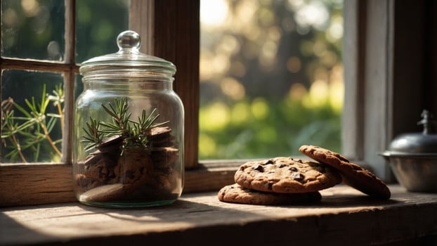 A cozy kitchen scene featuring a glass jar filled with cookies, with sunlight streaming through a window photo