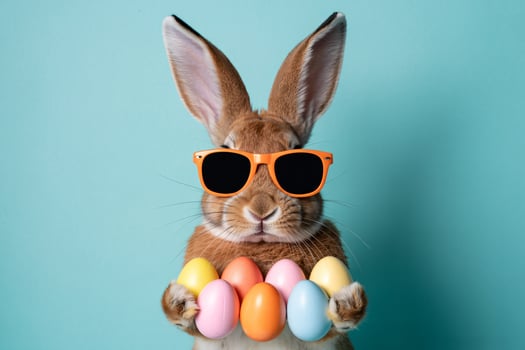 A charming brown rabbit wearing sunglasses holds colorful Easter eggs against a light blue background. photo