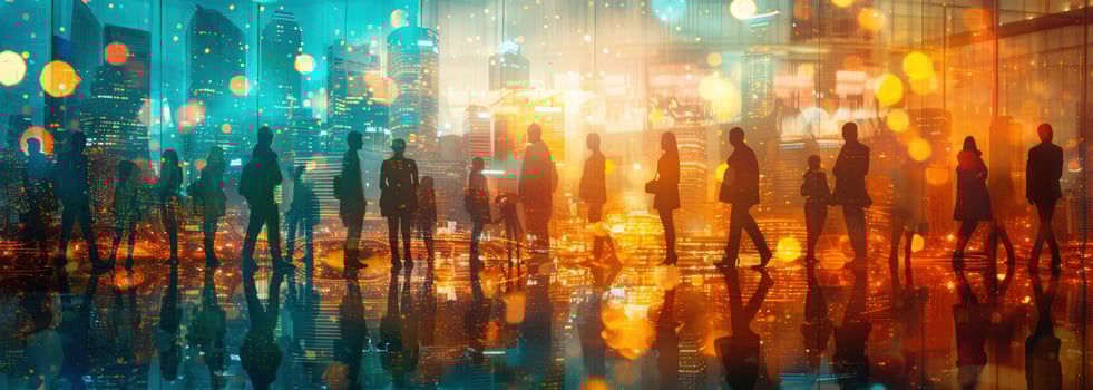 Diverse group silhouette walking in modern abstract space photo