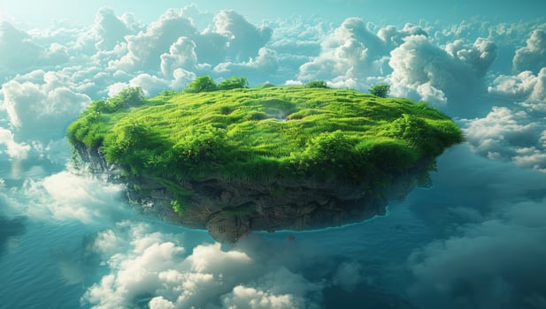 Floating island in cloudy sky fantasy landscape photo
