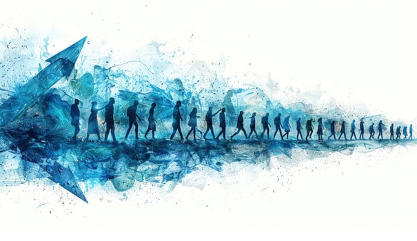 Collective progress people following arrow in watercolor style photo