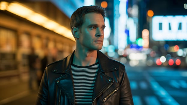 A thoughtful young white man in a leather jacket stands against a vibrant city backdrop at night. photo
