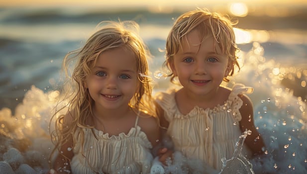 Two children play in ocean waves at sunset blonde hair summer vacation photo