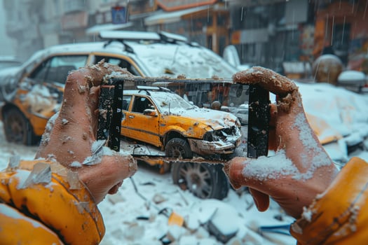 Smartphone captures car crash aftermath in winter snowstorm photo